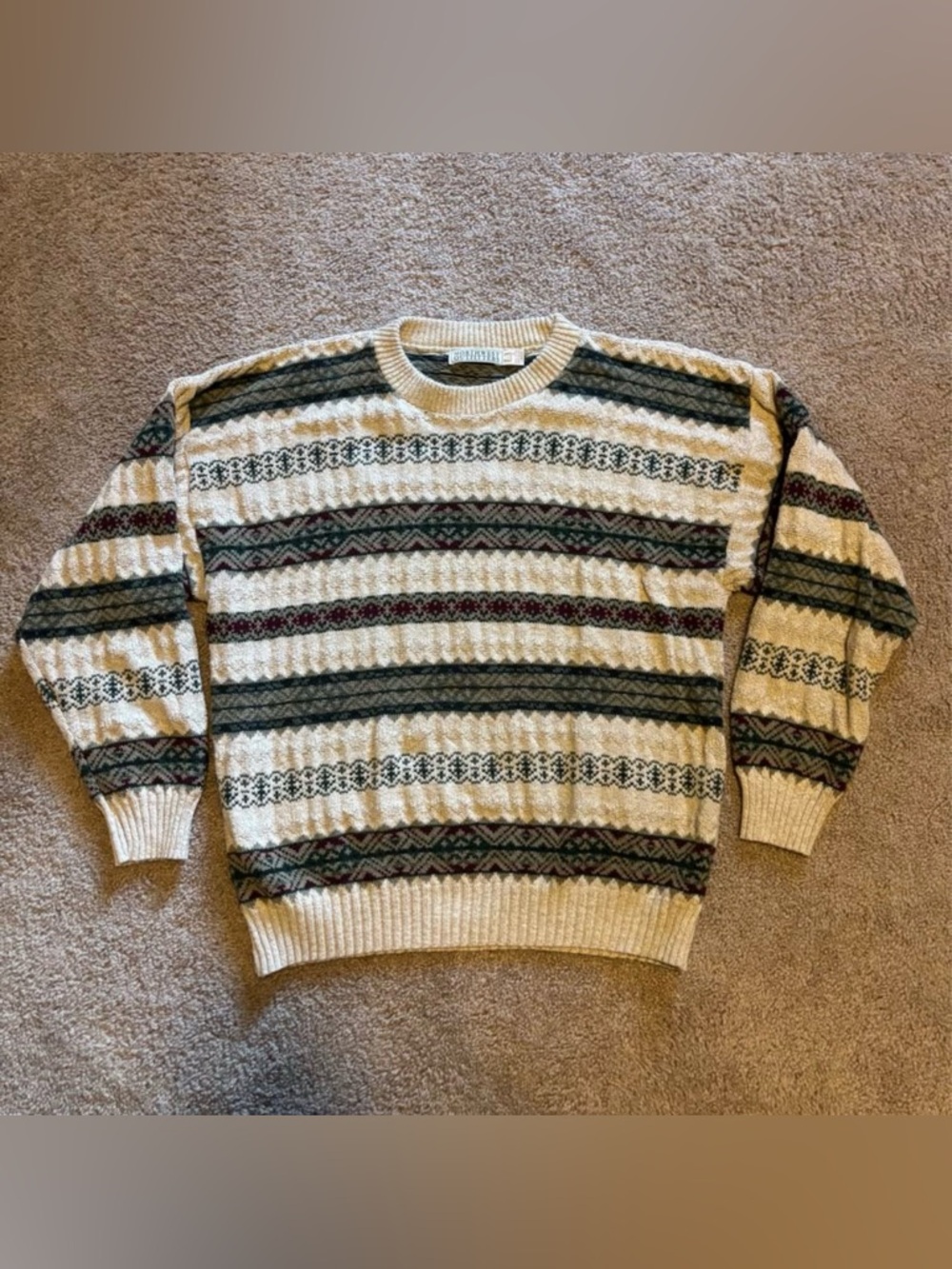 Vintage Northwest Men's Crewneck Sweater in Cream with Green & Burgundy Stripes